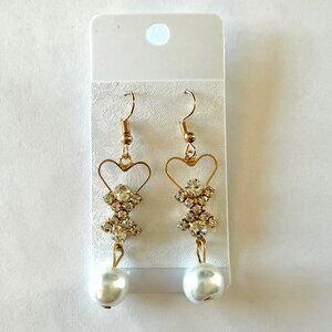 Goldtone Heart Drop Earrings Rhinestones Faux Pearl 2 Inch